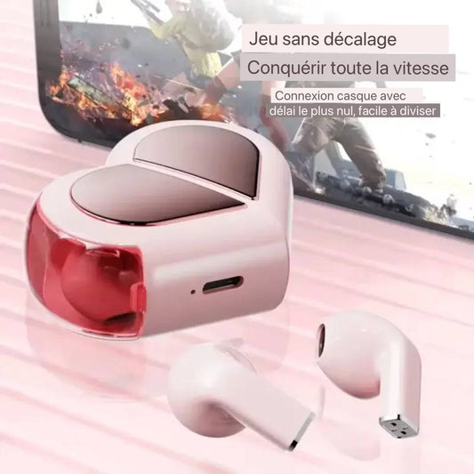 K520 écouteurs sans fil stéréo écouteurs avec rotatif amour en forme de coeur étui de charge faible latence casque pour téléphone tablette